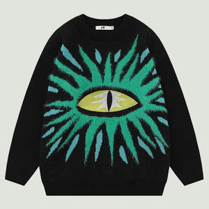 Hip Hop Oversized Ugly Knitted Sweaters Men Harajuku Eye Pattern Embroidery Jumper Retro Casual Loose O-Neck Y2K Pullover Unisex - ilooove