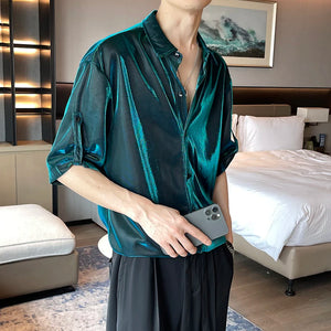 Ilooove Men Shiny Design Casual Shirt Trendy Handsome Shirts Fashion Loose Half Sleeve Tops Korean Style Personality Clothing - ilooove