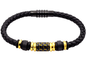 Mens Black Leather Gold Plated Stainless Steel Bracelet With Carbon Fiber - Pristine J LLC