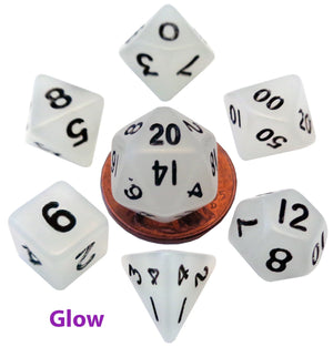 Glow-in-the-Dark Clear 10mm mini poly dice set - Guildhall Games