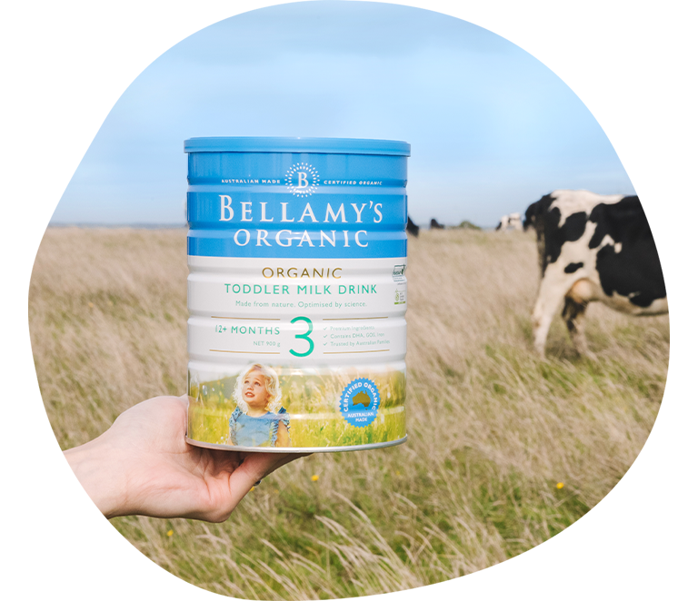 Holding Bellamy's Organic Toddler Milk in the grass