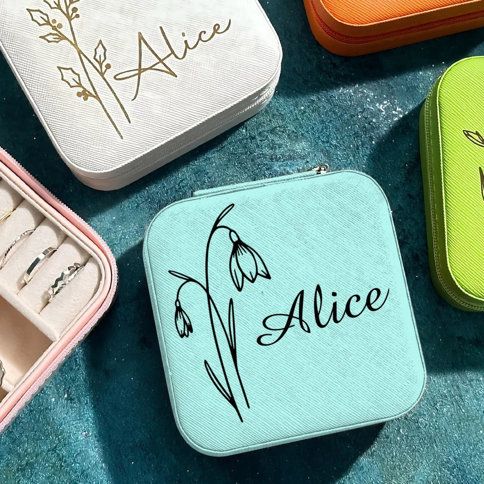 Engraved Birth Flower jewellery Box, Gift for her, Travel Jewelry Case, Birthday Gift, Christmas Gifts, Bridesmaid Gifts