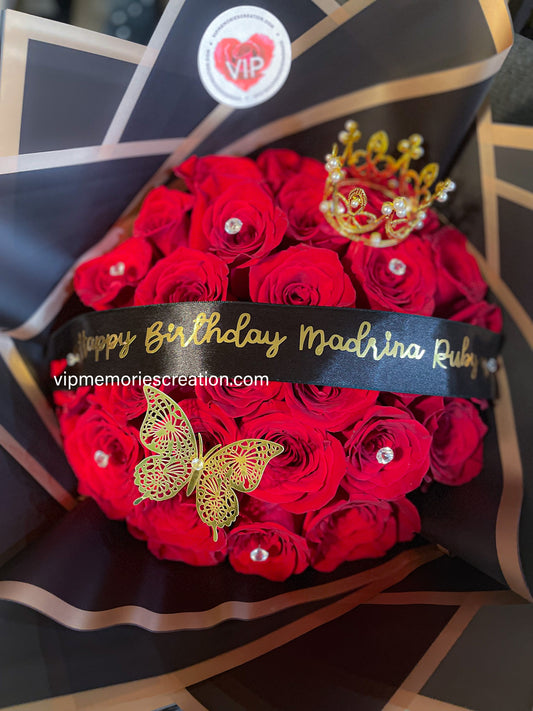 B007 - Personalized Colorful 100 Roses Bouquet decorated with a Crown and  Gold Butterflies - Ramo Buchon Personalizado - Love Flowers Miami