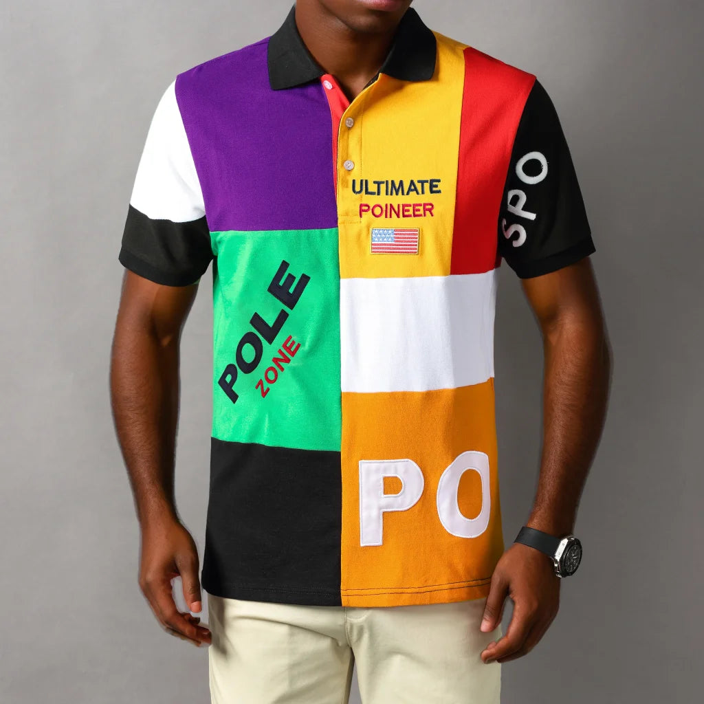 Men's 100% cotton casual loose plus US size lattice pattern printed lapel short sleeved polo shirt