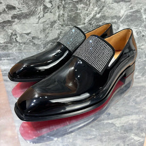 Men's Black Patent Leather Luxury Rhinestone Loafers Handmade Dress Shoes - outoftheboxshopping23