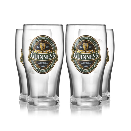 Guinness Extra Stout Pint Glasses Black & Green Label With Gold Harp Set of  2 