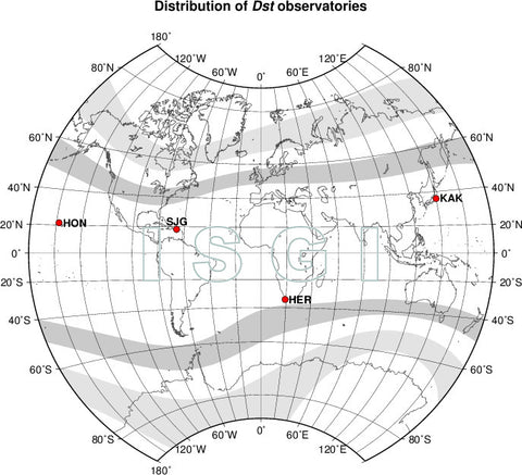 Distribution of Dst observatories contributing to the Dst index which is used to measure geomagnetic activity