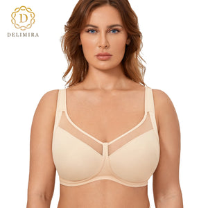 DELIMIRA Women's Minimizer Bra Plus Size Full Coverage Wire Free Unlined Mesh Neckline Support 34-46 B C D DD E F - todayshealthandwellnessshop