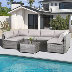 7 Pieces Patio Furniture Set, Modular Patio Set Wicker Outdoor Sectional Sofa Set PE Rattan Wicker Patio Conversation Set - todayshealthandwellnessshop