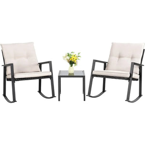 3 Piece Wicker Rocking Chair Outdoor Bistro Sets With Coffee Table Frame Patio Furniture for Porch Balcony - todayshealthandwellnessshop