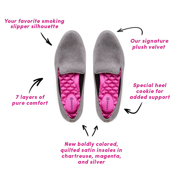 The top 5 features of the Starling flat, including plush grey velvet, hot-pink insoles, and heel cookie for added support