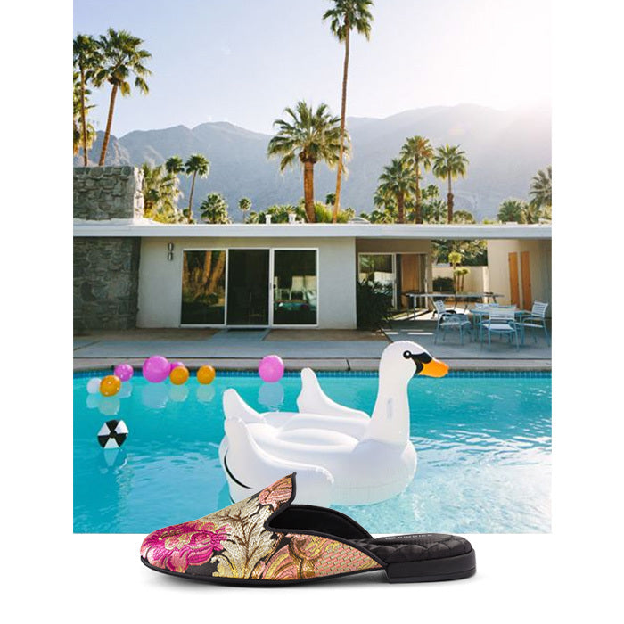 photo of Palm Springs pool and floral jacquard slides