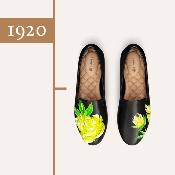 black leather yellow rose shoe