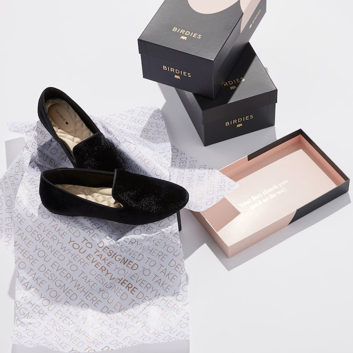 black velvet flat and shoebox packaging