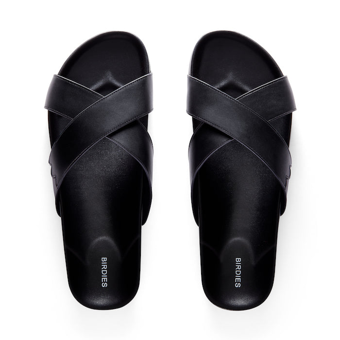 top-down view of black crossover sandals