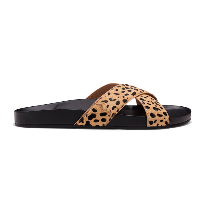 side view of cheetah-print crossover sandals