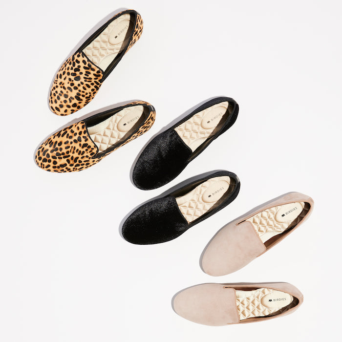 black, cheetah-print, and tan flats