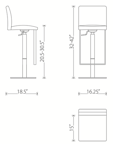 Dimensions of the Matteo adjustable heigh swivel bar stool