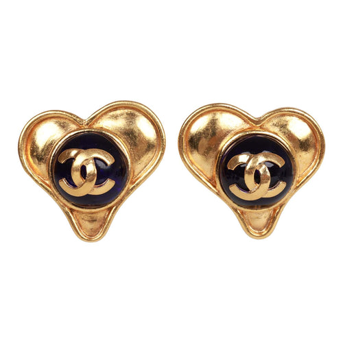 Chanel Heart Shaped Rhinestone Earrings With Gold Metal CC Drop