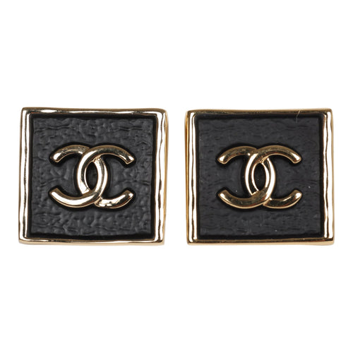 Black Leather and Gold Metal Square CC Earrings