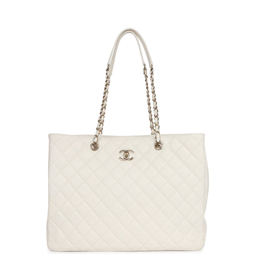 Vintage Chanel CC Chain Shopping Tote Bag White Caviar Gold