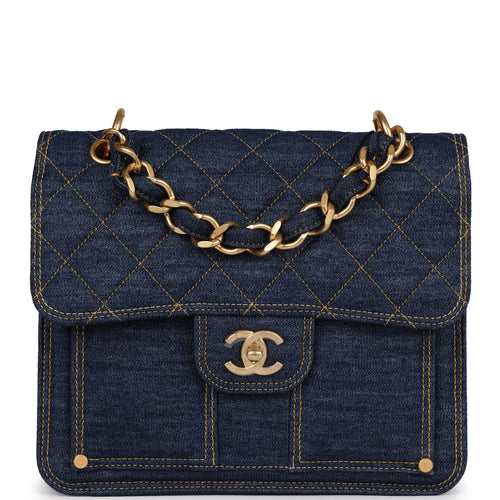 Chanel Denim Pearl Crush Square Mini Classic Flap Bag Antique Gold