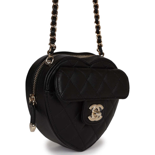 Chanel CC In Love Heart Necklace Bag Black Lambskin Light Gold
