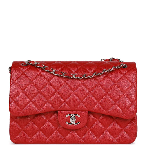 Chanel Red Quilted Caviar Medium Double Flap Bag Silver Hardware
