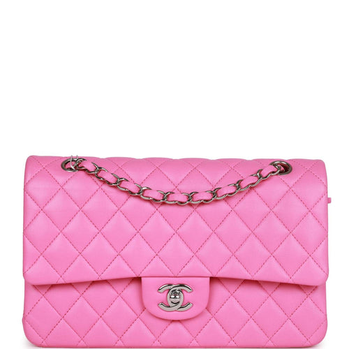 Chanel Medium Classic Double Flap Bag Neon Pink Lambskin Silver