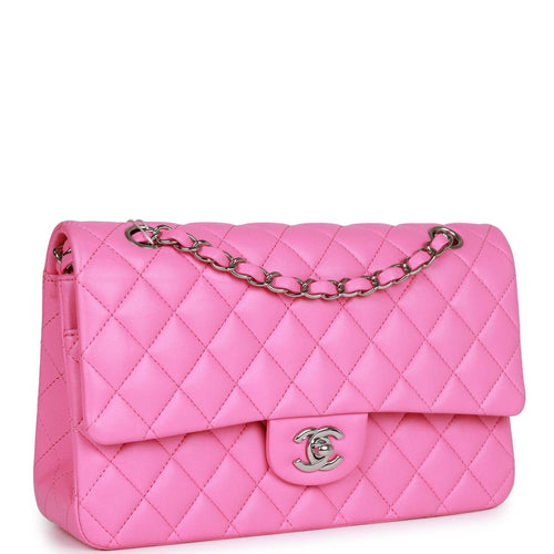 Chanel Medium Classic Double Flap Bag Neon Pink Lambskin Silver