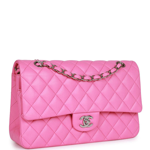 Vintage Chanel Medium Classic Double Flap Bag Pink Tweed Silver Hardware