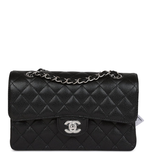 Chanel Black Quilted Caviar Small Classic Double Flap Bag Silver