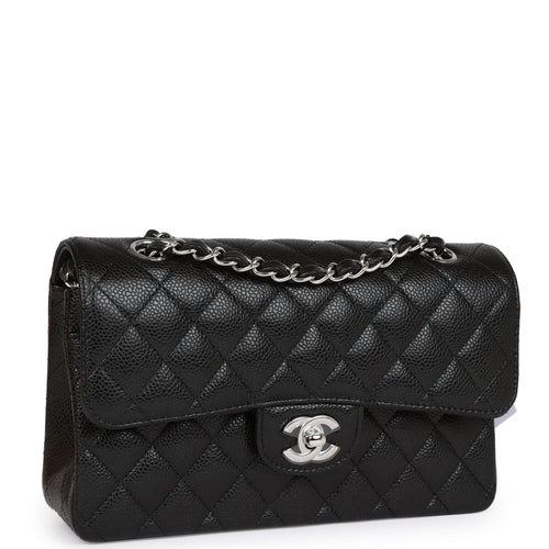 Chanel Black Quilted Caviar Small Classic Double Flap Bag Silver