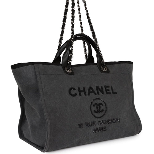 Chanel Black Canvas Mixed Fibers Pearl Large Deauville Tote