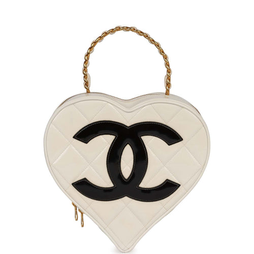 Vintage Chanel Heart Vanity Bag Beige and Black Patent Antique