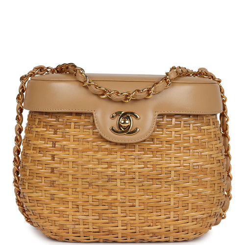 Vintage Chanel Small Picnic Basket Bag Natural Wicker Gold