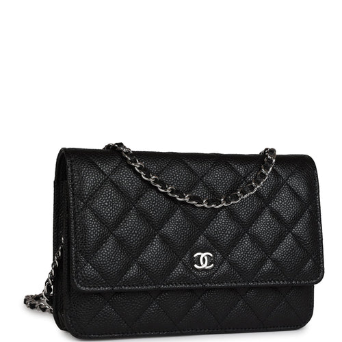 New Chanel Black Caviar Chevron Charms WOC Wallet on Chain Flap