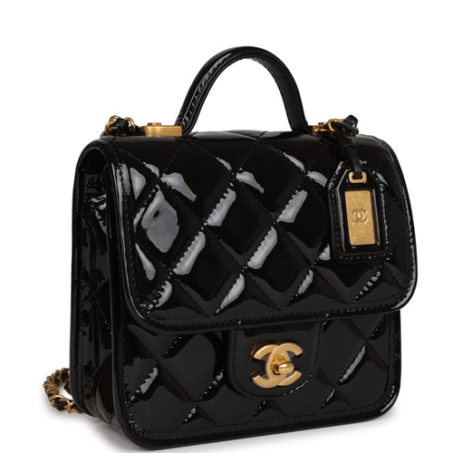 Chanel School Memory Top Handle Flap Bag Black Caviar Antique Gold