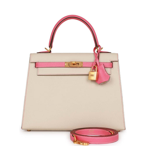 Hermes Special Order (HSS) Kelly Sellier 25 Rose Sakura and Nata Chevre  Brushed Gold Hardware