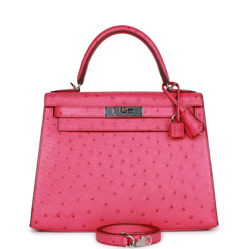 Hermes Kelly 25 Sellier Bag Ostrich Rouge Vif Pink Topstitch Palladium –  Mightychic