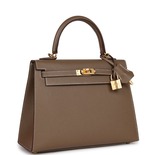 Hermes Kelly 25 Sellier Bag Neutral Craie Epsom Gold Hardware with Twilly  at 1stDibs