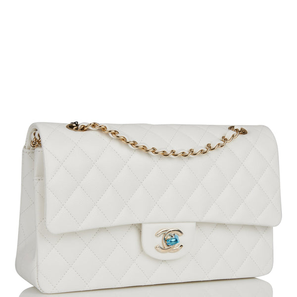 Chanel White Quilted Goatskin Medium 19 Flap Brushed Gold And