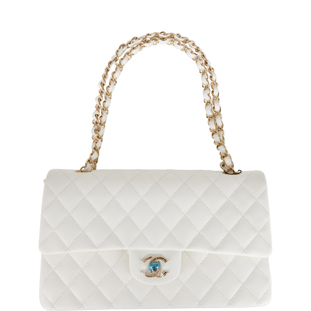 Chanel White Quilted Caviar Medium Classic Double Flap Bag Light Gold ...