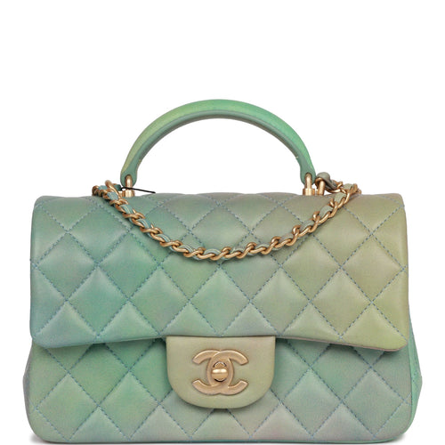 Chanel Mini Flap Bag Top Handle Lambskin Mint Green Champagne Hardware