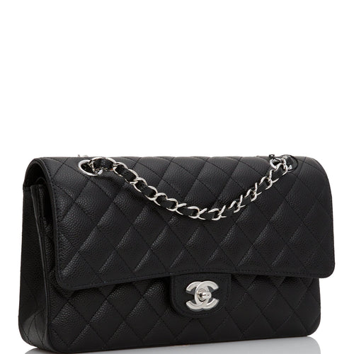 Chanel Black Quilted Caviar Small Classic Double Flap Bag Silver