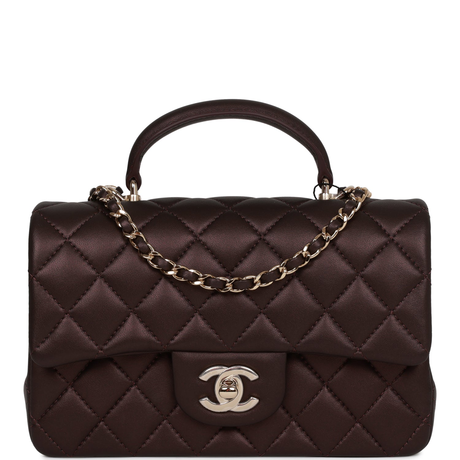 Chanel Mini Rectangular Flap Bag with Top Handle Burgundy Lambskin Light Gold Hardware