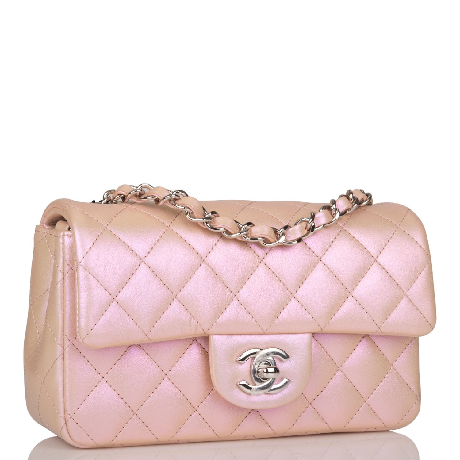 Chanel Pink Iridescent Quilted Lambskin Rectangular Mini Classic Flap ...