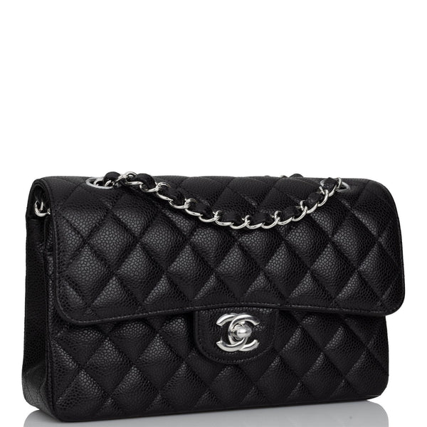 Chanel Black Quilted Caviar Small Classic Double Flap Bag Silver ...
