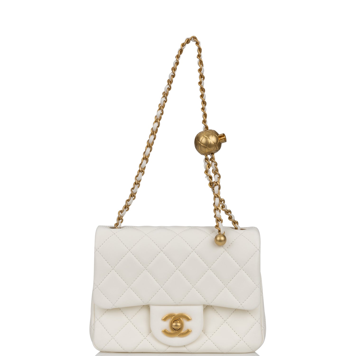 Chanel White Pearl Crush Square Mini Classic Flap Bag Antique Gold ...