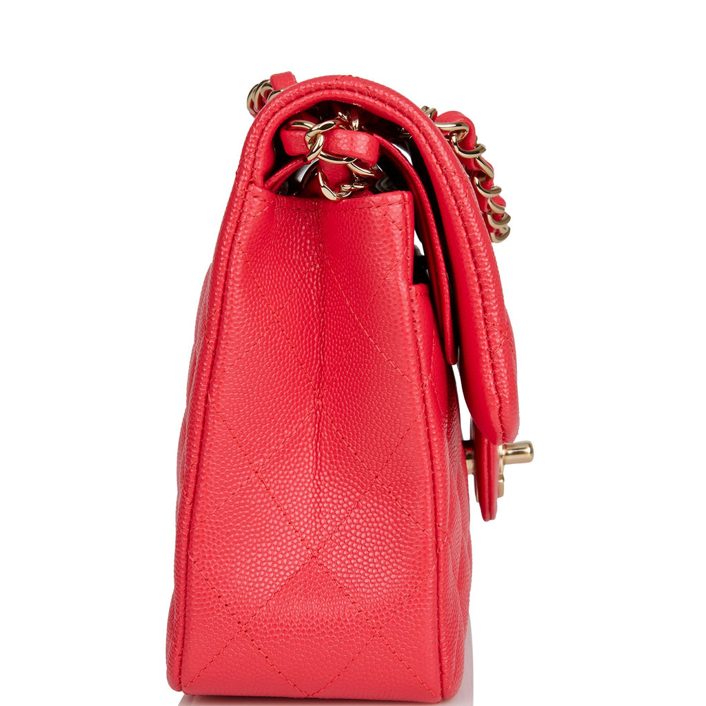 Chanel Red Caviar Small Classic Double Flap Bag Light Gold Hardware ...